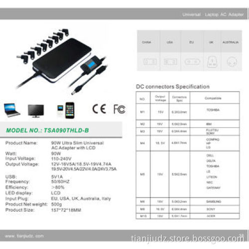 Ultra-slim 90W Auto Universal Adapter for iPhone with LCD and USB 5V 1A, Sized 157 x 72 x 18mm